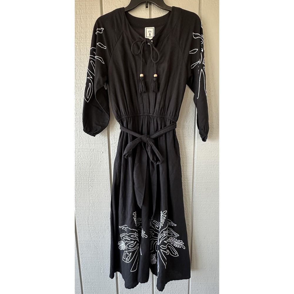 LÉA Dress Womens Small Black Embroidered Boho Maxi 3/4 Sleeve Tassel Tie